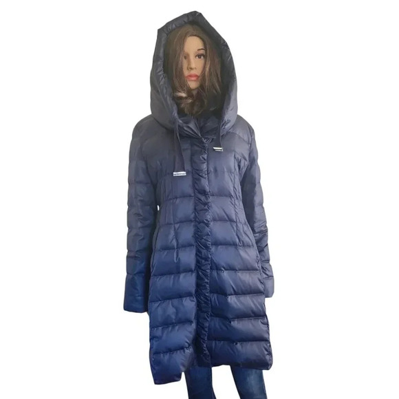 T Tahari 100% Polyester Puffer Hood Jacket Blue Zipper Long Sleeve Size Large - Picture 1 of 15